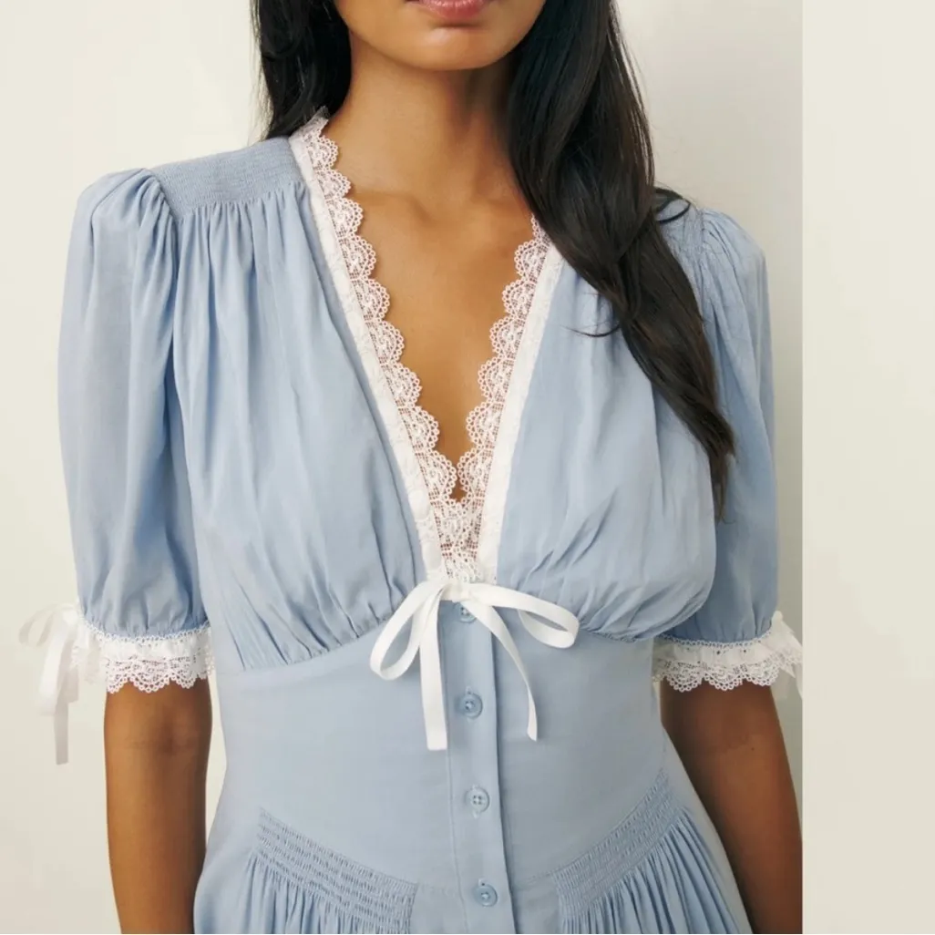Reformation Ketra Dress Cottagecore Blue and Lace Cotton - Image 2