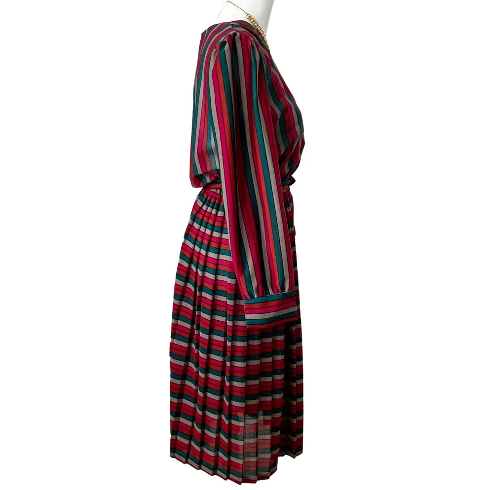 Vintage 70s Striped Semi Sheer Belted Secretary Dress size 10 M medium Pink - Image 6