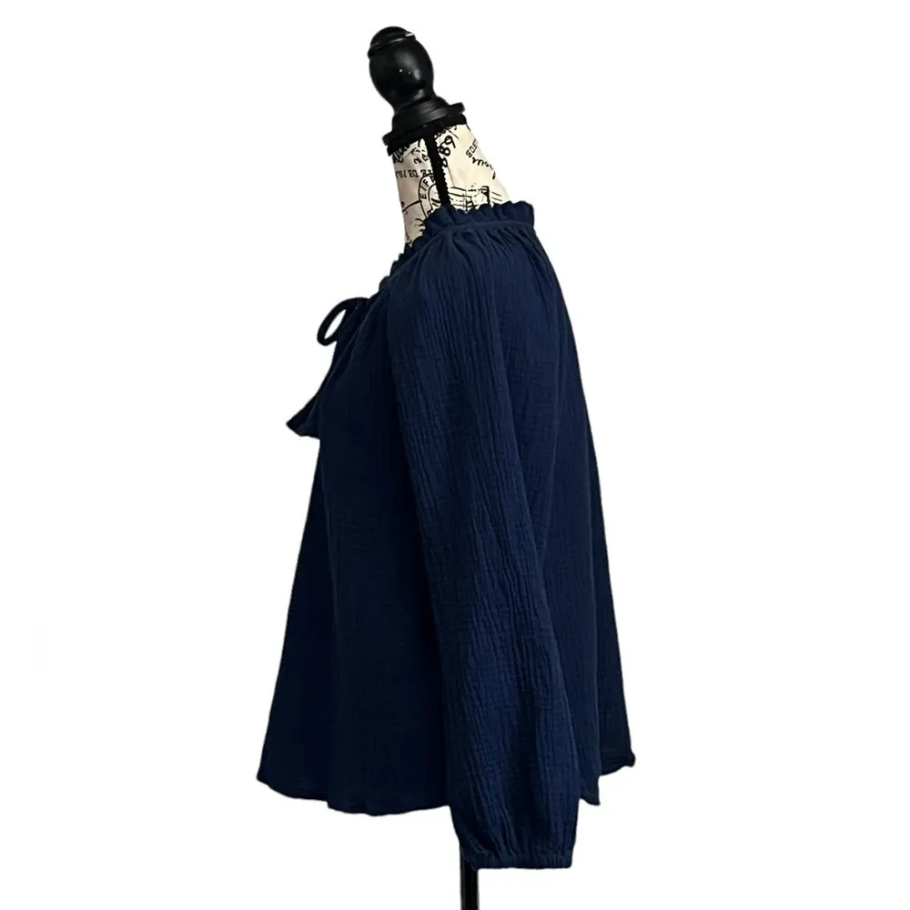 Just Living Navy Cotton Gauze Peasant Blouse M Boho Forest Fairy Coastal Slub - Image 4