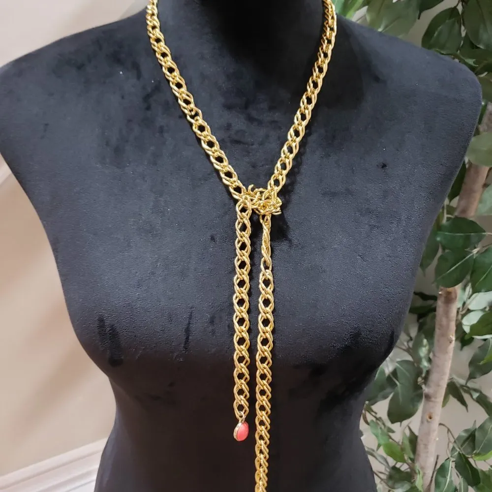 Gold Tone Tie a Knot Pink Chunki Gem Stone Lariat Style Long Chain Necklace - Image 2