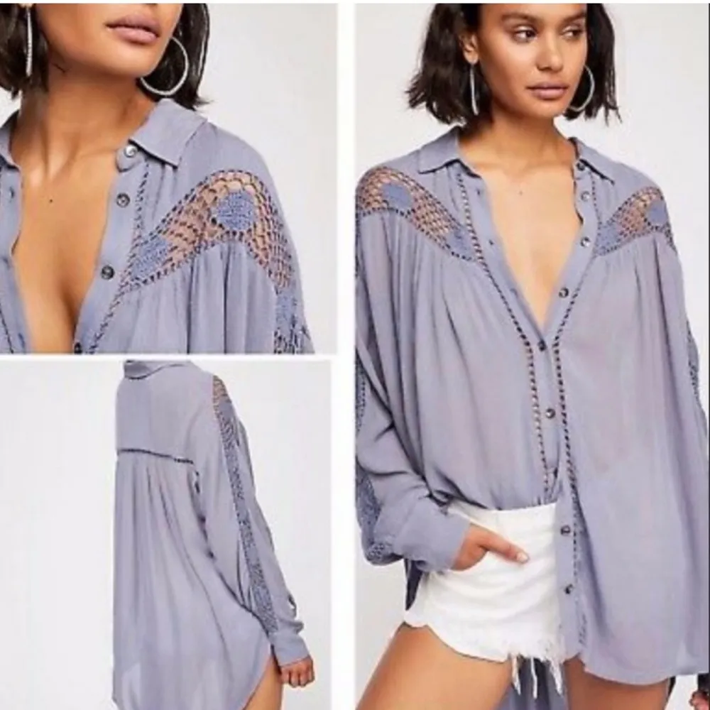 Free People Katie Bird Periwinkle Blue Crochet Gauze Button Down Shirt Top S - Image 2