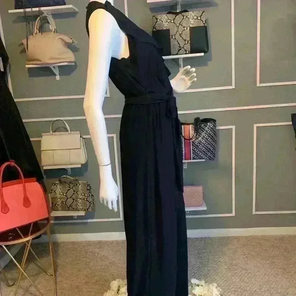 Emma &amp; Michele Ruffled Peplum Jumpsuit Sleeveless Navy Blue Sz Large. B16 - Image 3