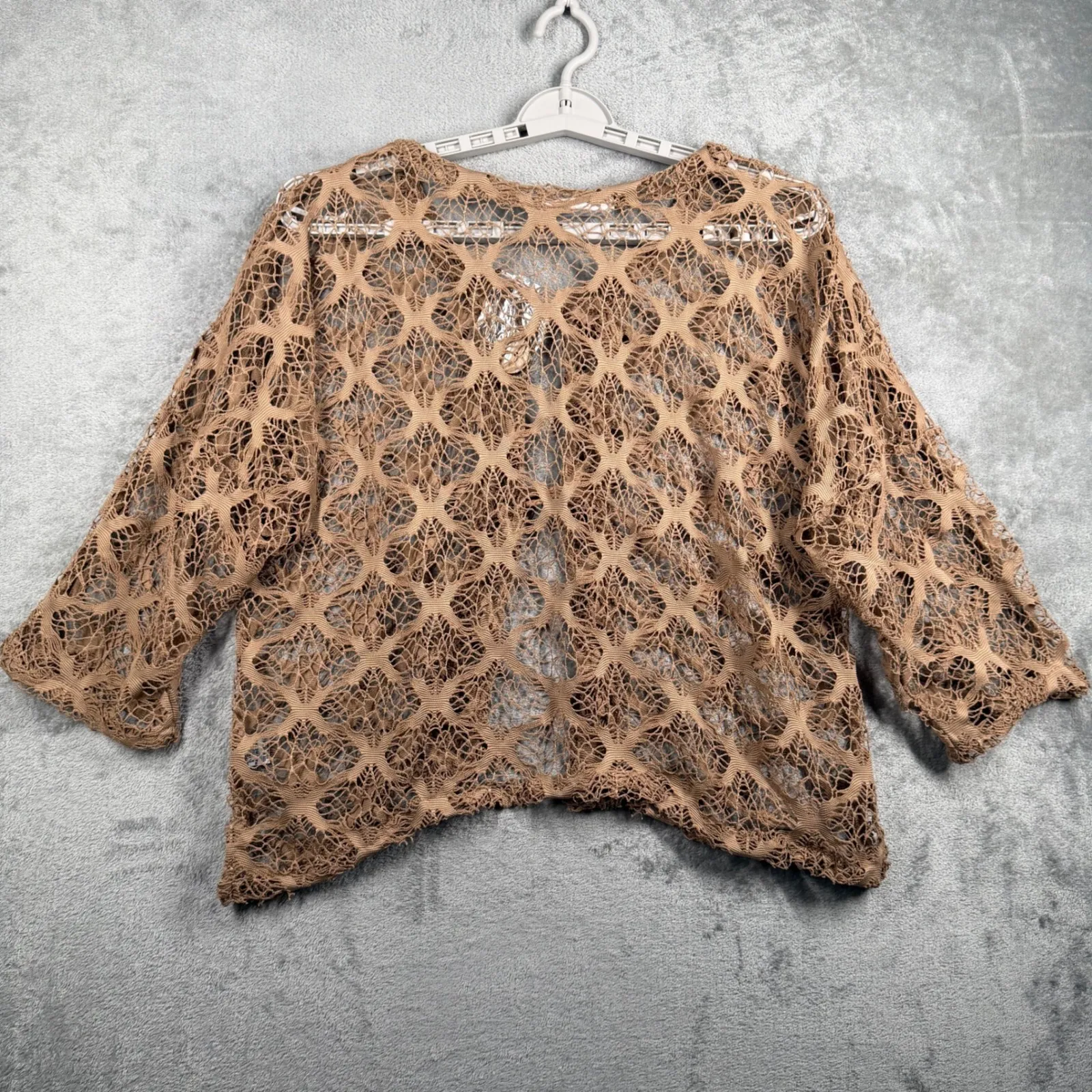 Serengetí L Cardigan Knit Crochet Cover Up Beige Macrame Coconut Button Top Brown Size L - Image 3