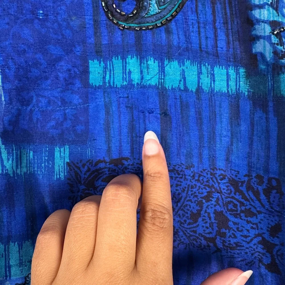 Vntg Chico's Design Silk Raw Blue Paisley Beaded Button Up Jacket Blouse Sz 1 - Image 9