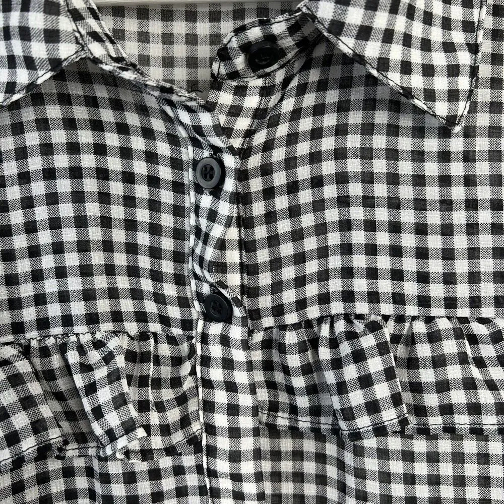 Torrid Women’s Plus 0X Blouse Gingham Ruffled Semi Sheer Black White Long Sleeve - Image 5