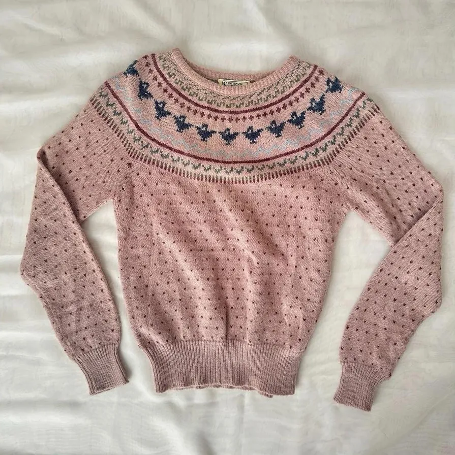 Vintage Acrylic‎ Sweater Pink Hearts And Birds - Image 1