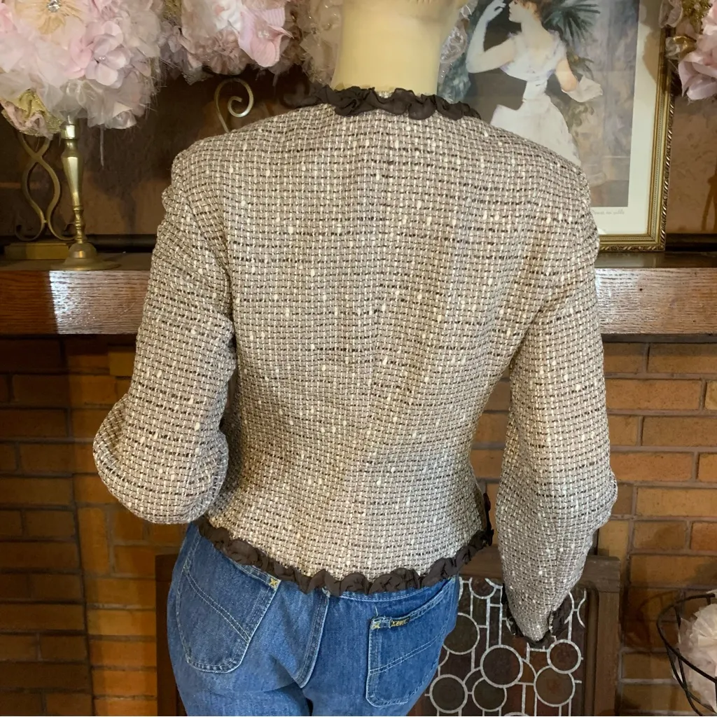 ANNE KLEIN BROWN & BEIGE TWEED W/CHIFFON TRIM WOOL BLEND BLAZER (4) - Image 6