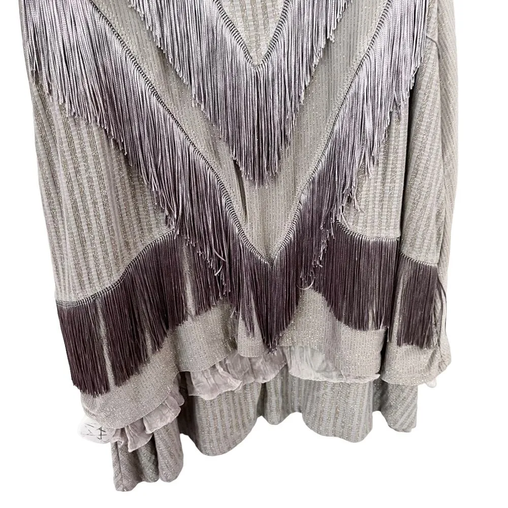 Save The Queen Long Sleeve Metallic Stripe Fringe Dress Greige Women's Small - Image 4