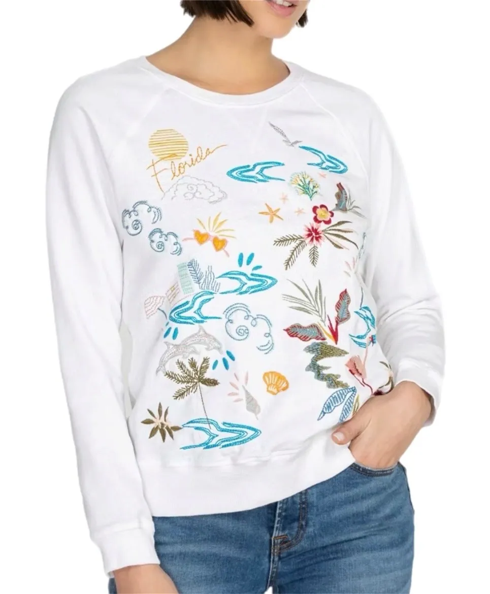 Johnny Was Florida Embroidered Raglan Sweatshirt White Size Small - Image 1