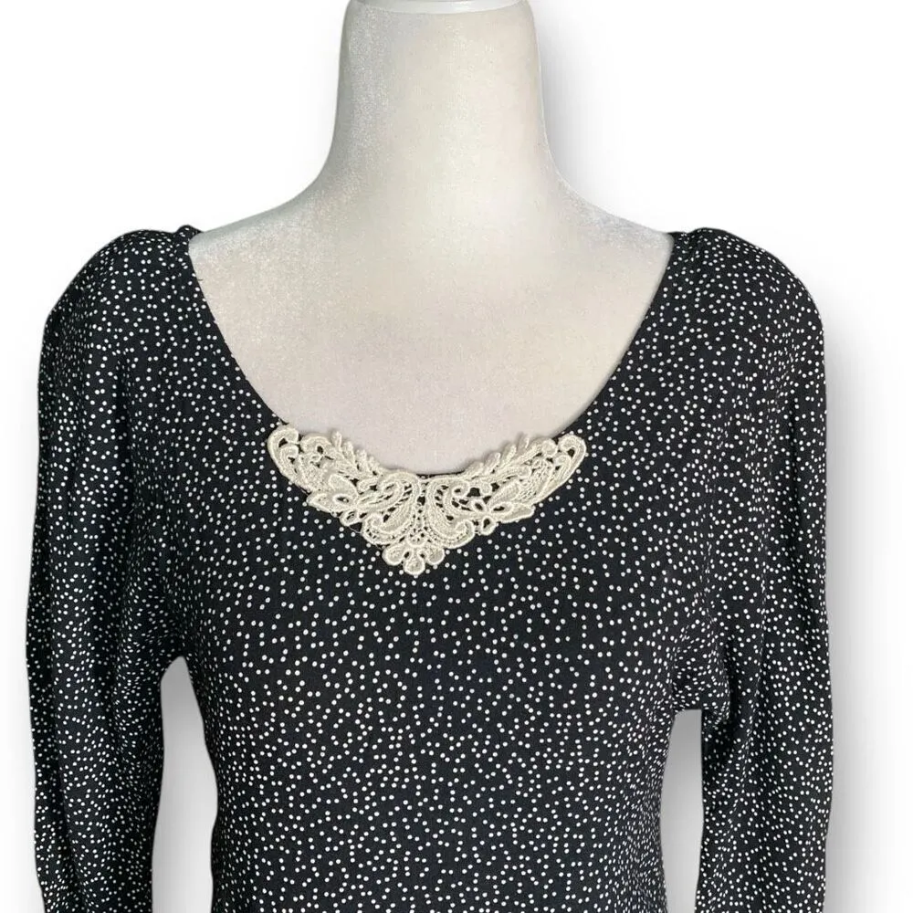 Vintage 80s Black White Polka Dot Long Sleeve Maxi Dress Lace Detail Collar Black - Image 2