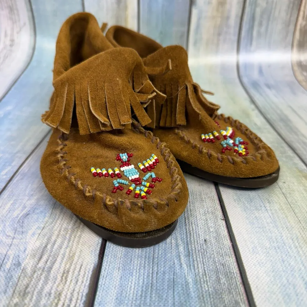 Minnetonka Brown Leather Moccasin Boots Thunderbird Beading Size 7 Vintage - Image 4