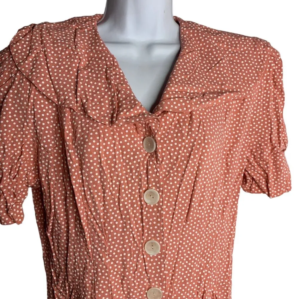 Vintage 80s Polka Dot Shorts Romper M Pink Buttons Short Sleeves Sailor Collar - Image 2