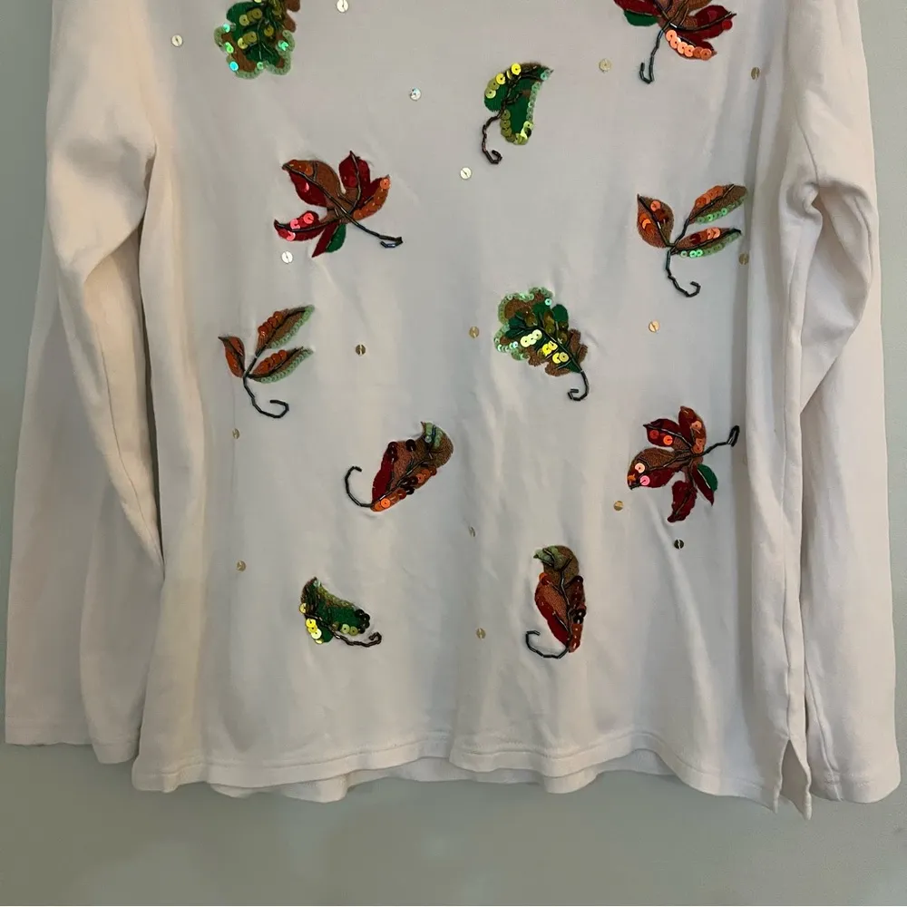 Quaker Factory White pullover sweater with autumn leaves Size 8 - Image 3
