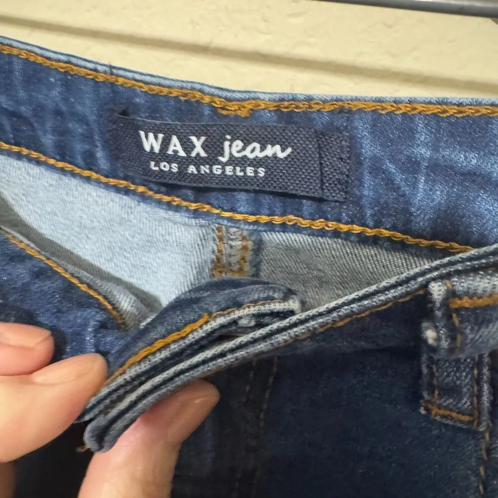 Y2K Wax Jeans Mini Skirt Distressed Ripped Stretch Denim Blue Size S 28 Grunge - Image 3