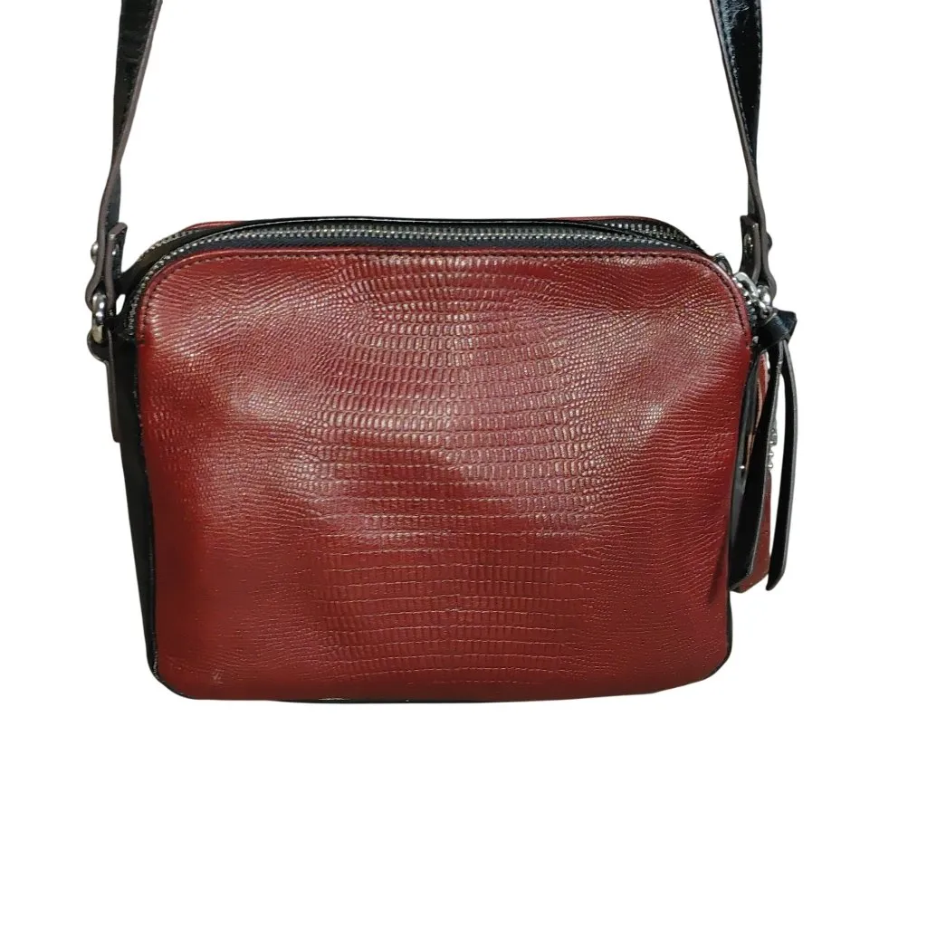 Clarks Red Croc Embossed Leather Crossbody Bag Tassel Accent Striped Lining - Image 3