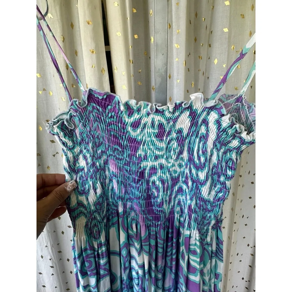 Pumehana Hawaiian Aloha Smocked Self Tie Spaghetti Straps Midi Sun Dress S/M Blue - Image 3