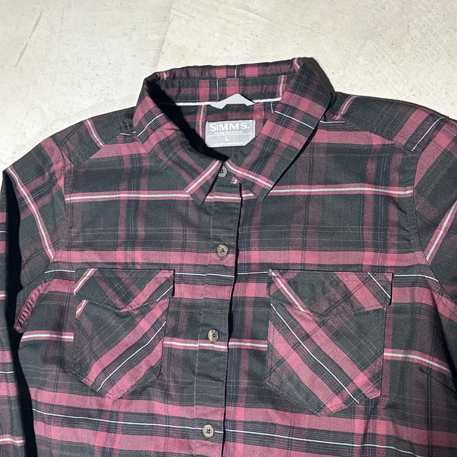Simms Western Shirt Women's SZ L Red Black Plaid Lightweight Fishing Button Up Purple Size L - Image 3
