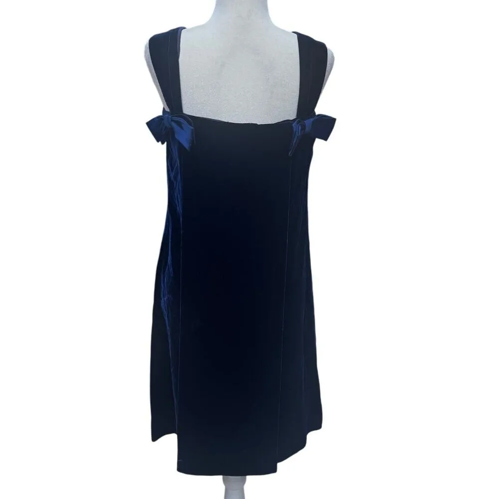 Vintage Blanes Navy Blue Velvet Mini Dress Made in England Bows on Back Size 12 - Image 2