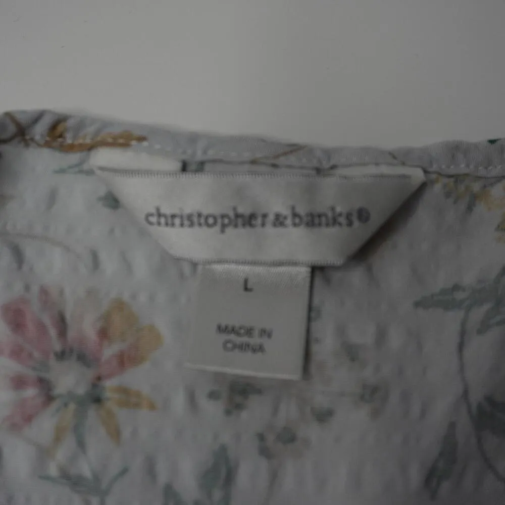 Christopher & Banks Blue Floral Long Sleeve Top Cottage Boho Smocked Fairy Sz L - Image 3