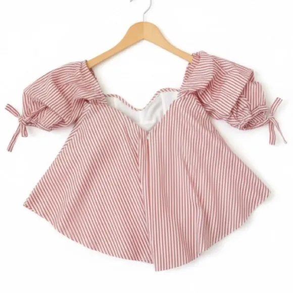 Caroline Constas Coral Stripe Gabriella Off Shoulder Top Sweetheart Neckline White Size M - Image 4