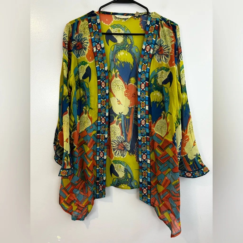 Soft Surroundings Bright Tropical Curaco Parrot Embroidered Open Front Kimono M - Image 2