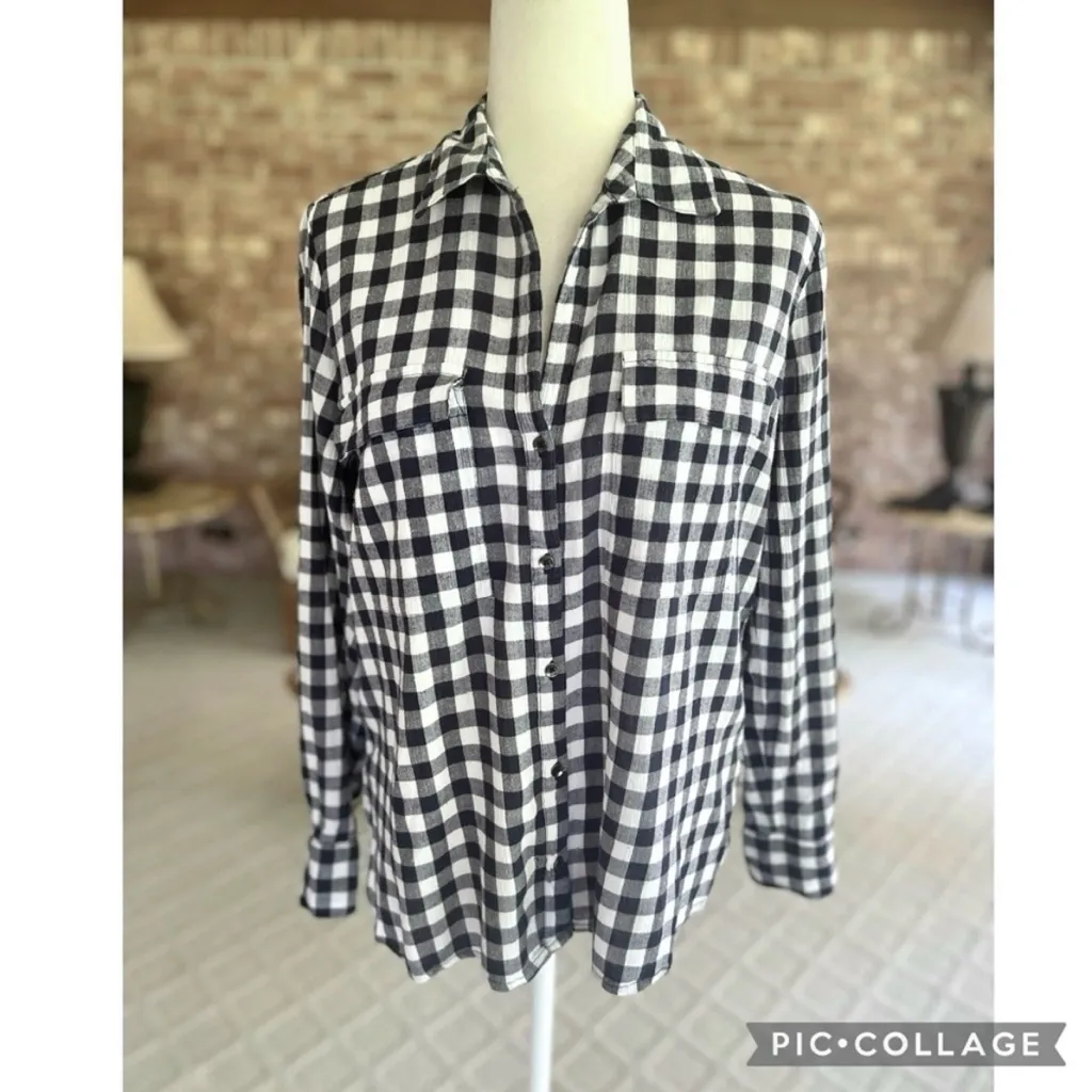William Rast Top Blue White Plaid Roll-Tab Sleeve Button Up Shirt M Preppy Work - Image 2