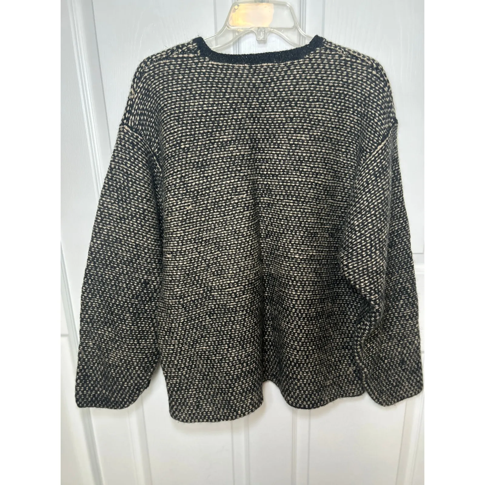 J.Crew Wool V Neck Sweater Oversized Textured Knit Pullover Large Black Beige‎ - Image 5