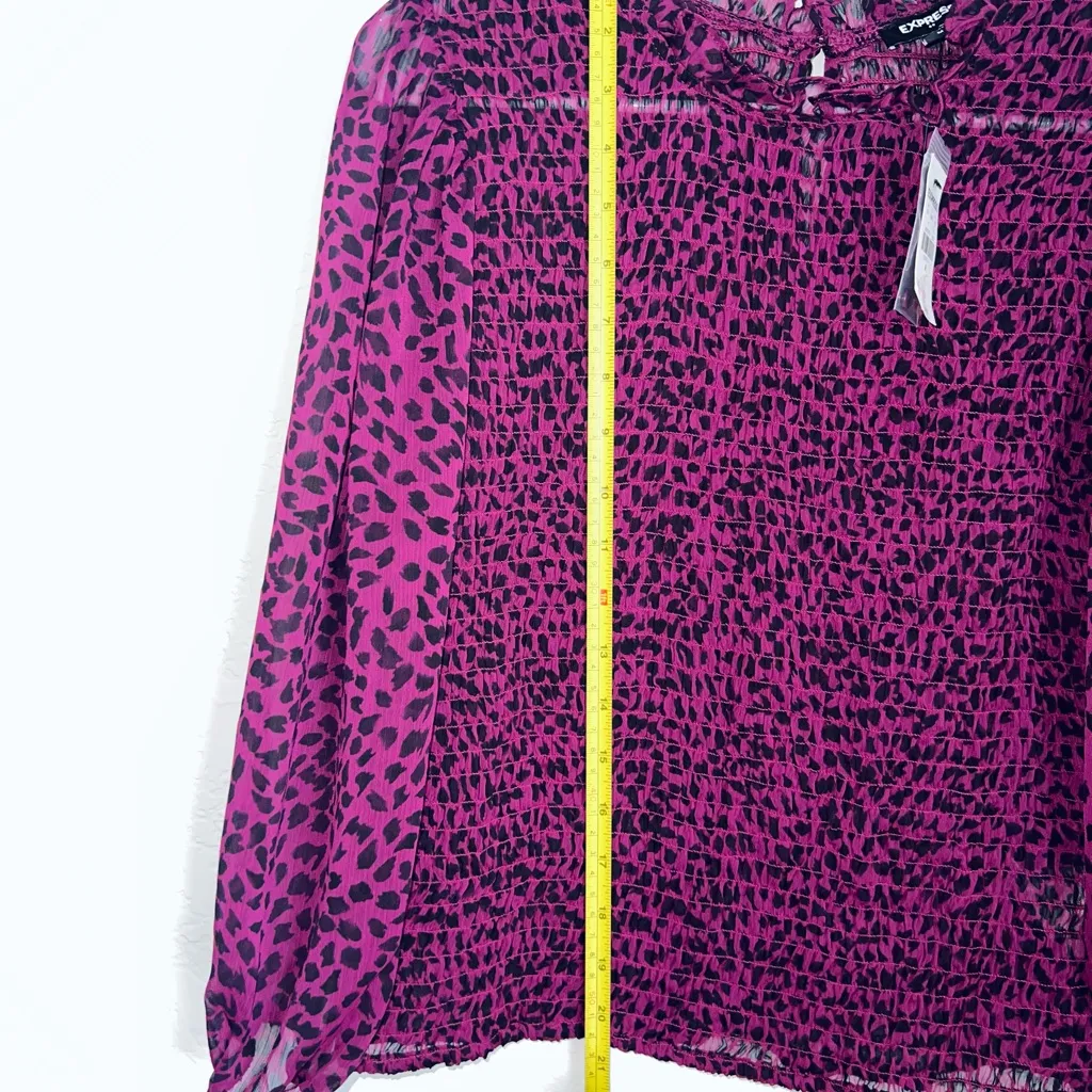 Express NWT Smocked Sheer Sleeve Mesh Top Purple Black Animal Print Cheetah Sz M - Image 10