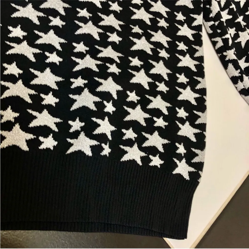 Beven Metallic Knit Stars Crewneck Sweater Black & Silver Knit Pullover M - Image 6
