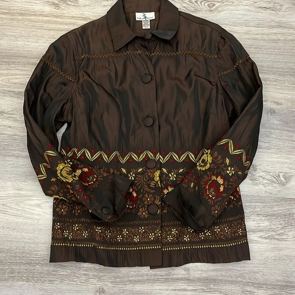 The Travel Collection Brown with Embroidered Flower Design Button Down Jacket 8 - Image 5