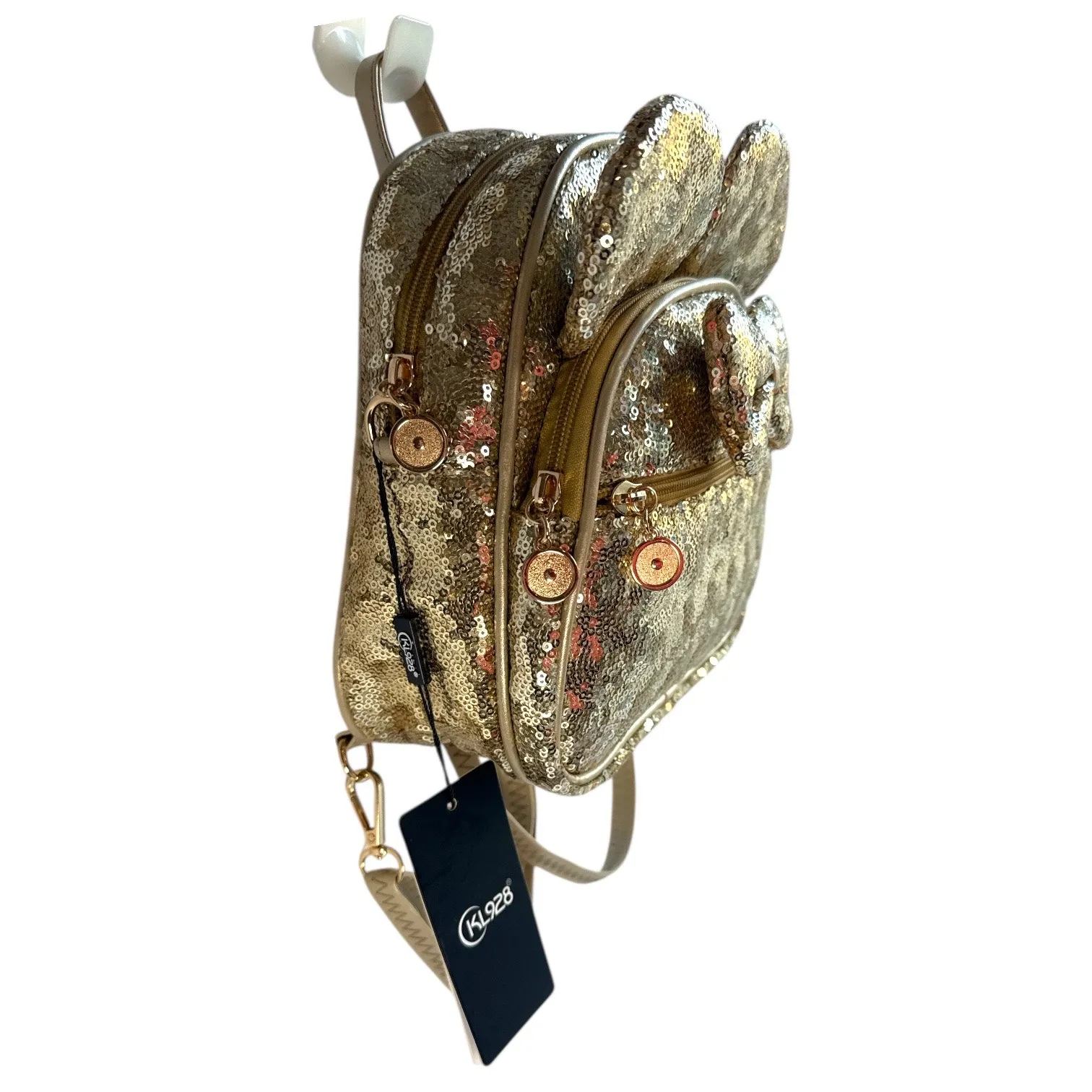 Gold Sequin Mini Backpack Bow Ear Detail Convertible Crossbody Bag NEW with tag - Image 3