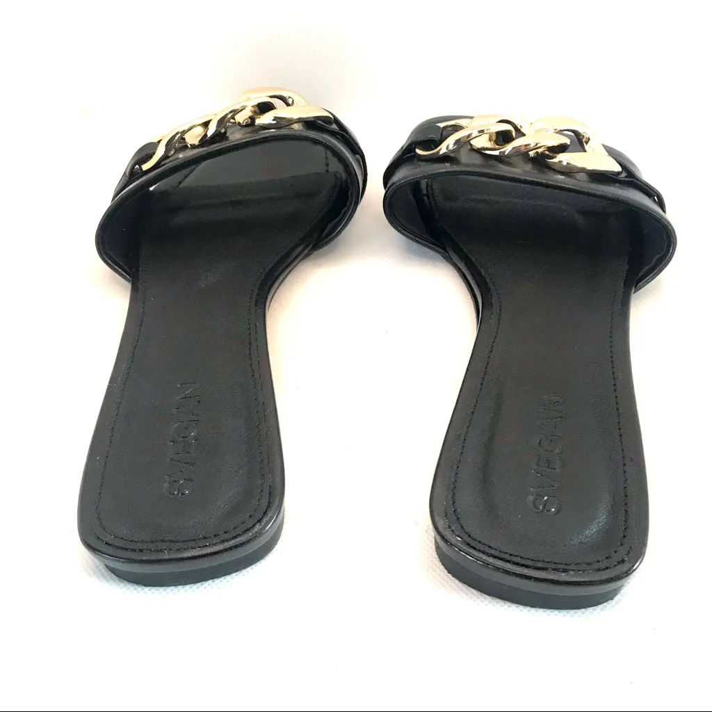 SVEGAN BLACK VEGAN LEATHER WITH GOLD CHAIN SLIDE FLATS MADE IN SPAIN (39) Size 8 - Image 4