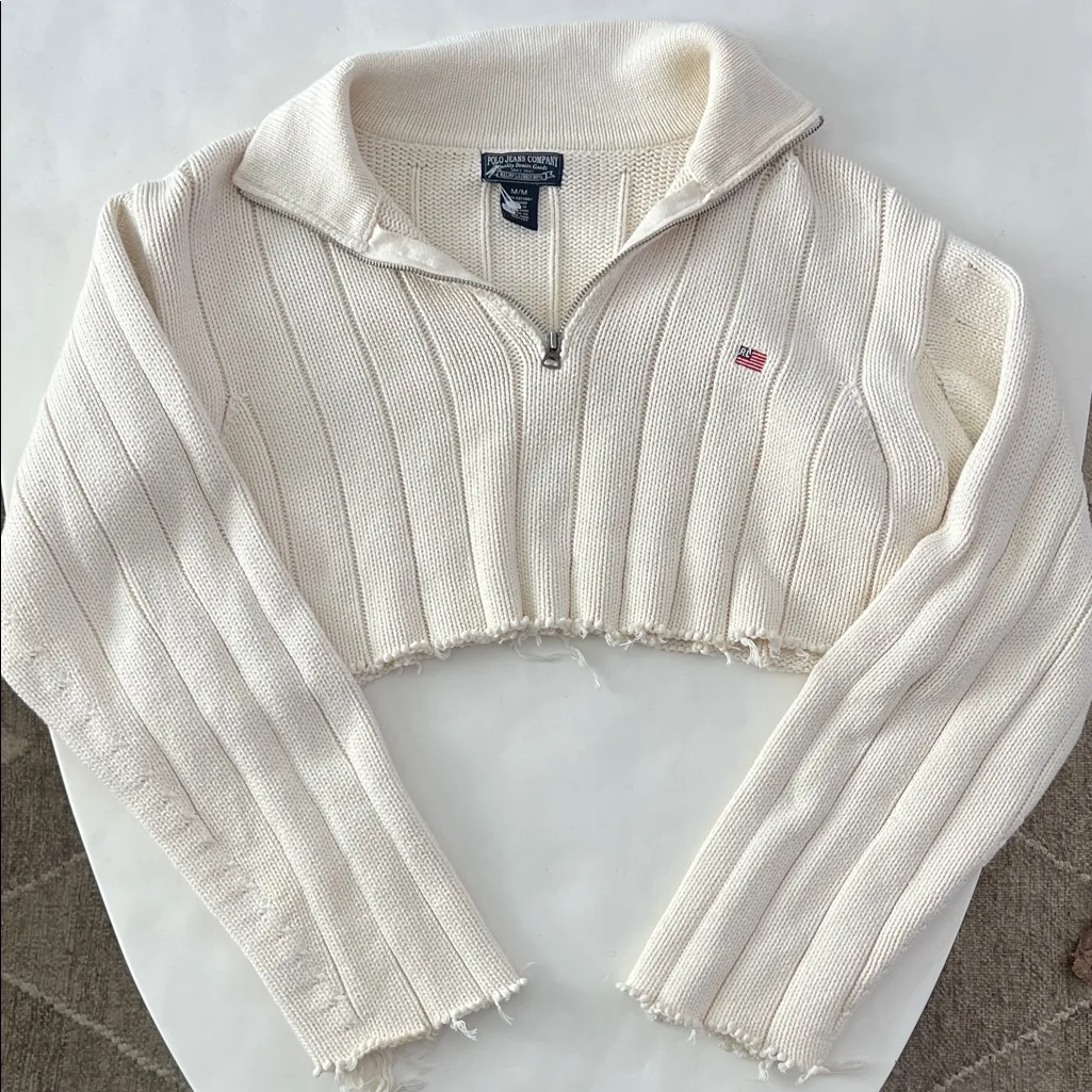 POLO RALPH LAUREN VINTAGE THICK RIBBED FLAG EMBROIDERY COTTON CROP ZIP SWEATER M - Image 2
