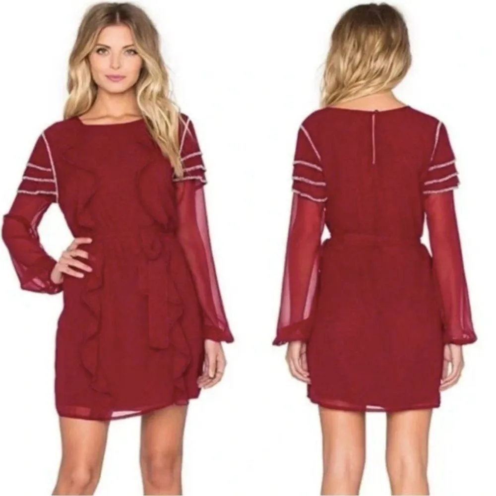 Tularosa Dress Maroon Burgundy Bowie Beaded Long Sleeve Ruffle Mini Sheer Sz M - Image 3