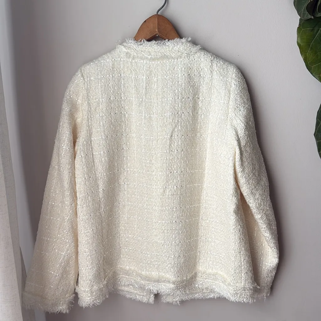 Bluivy Tweed Sparkle French Chic Gold Button Down Long Sleeve Frayed Blazer - Image 11