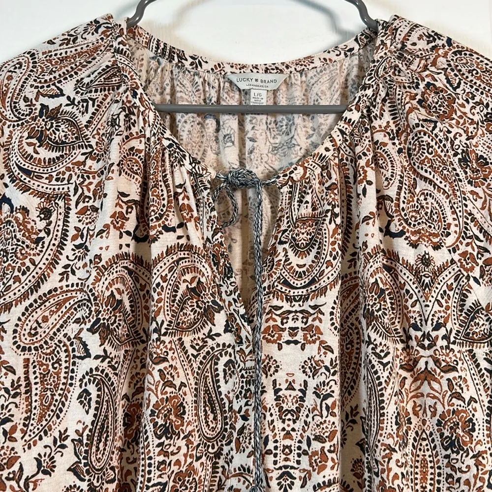Lucky Brand Floral Front Tassel Peasant Brown Tan Blouse Size Large EUC #0741 - Image 4