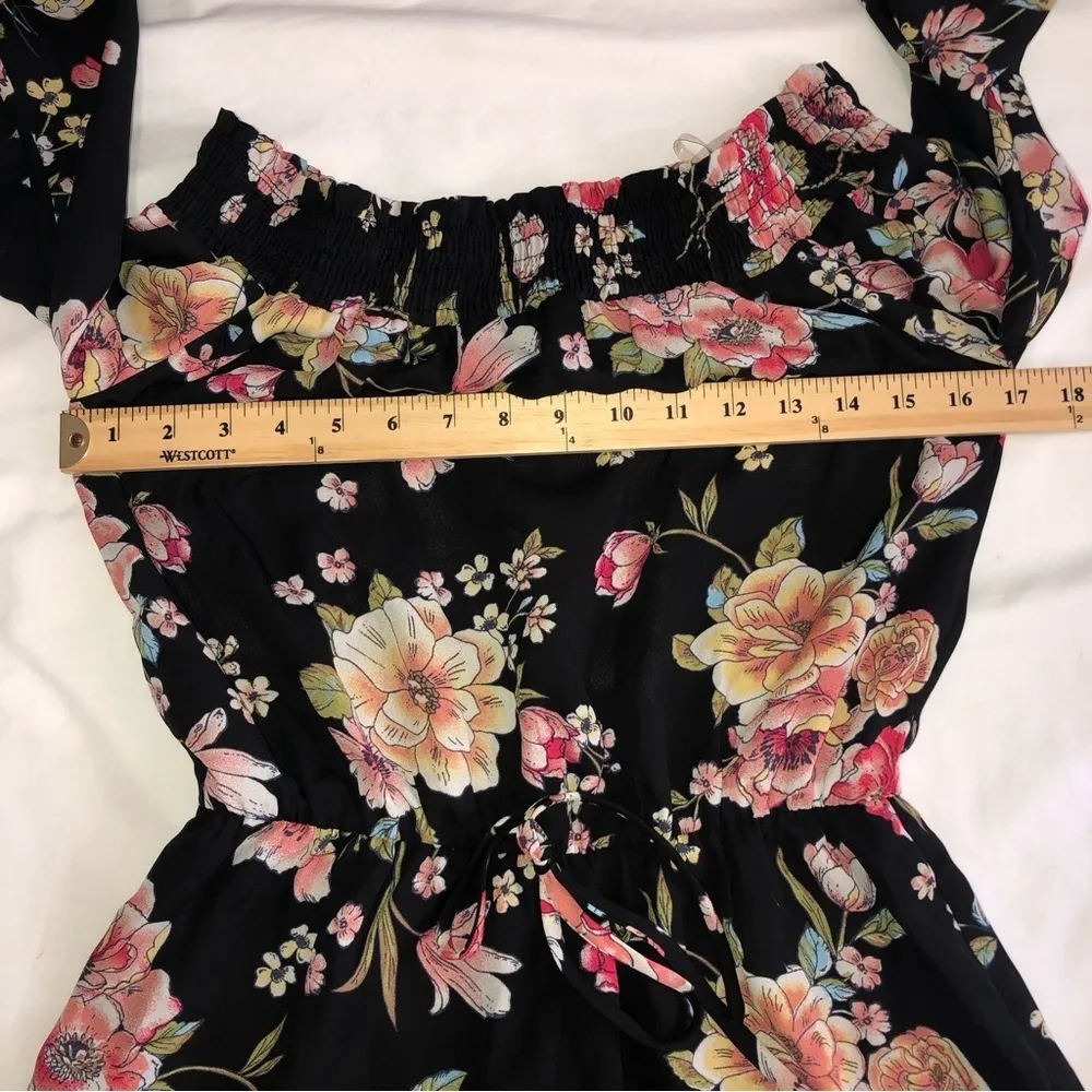 Romper Off Shoulder Small Black Floral Active USA Elastic Waist Tie Front - Image 4