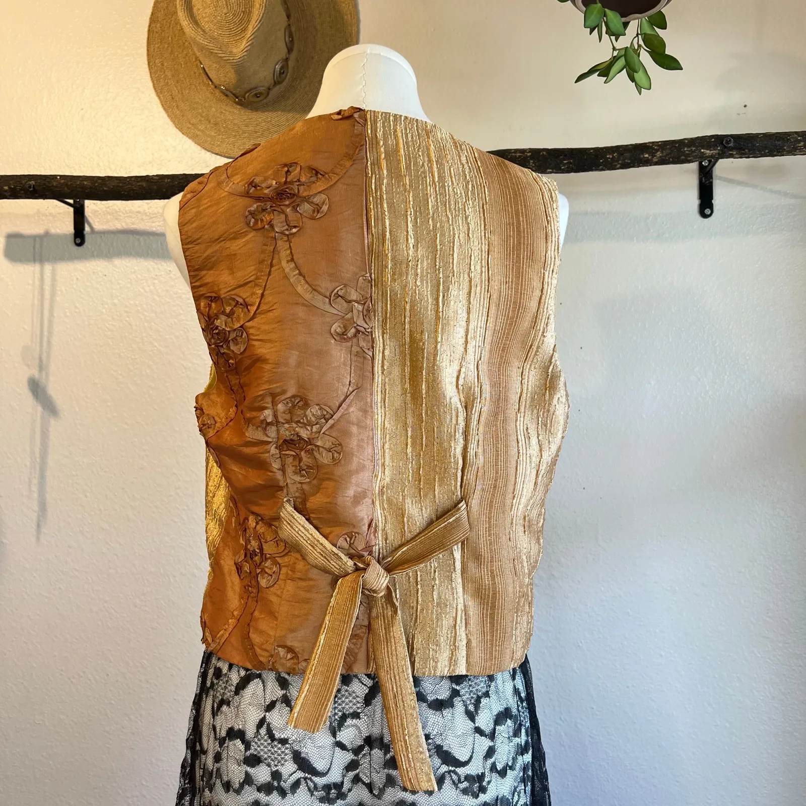 Handmade Vintage Golden Yellow Textured Floral Blouse Vest Top Size Small Gold - Image 6