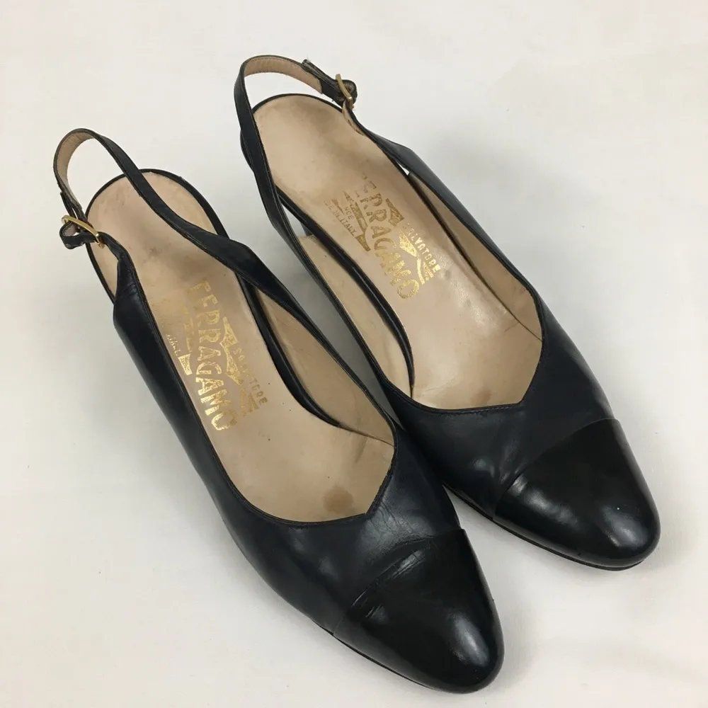Salvatore Ferragamo Black/Navy Slingback Heels 9 - Image 2