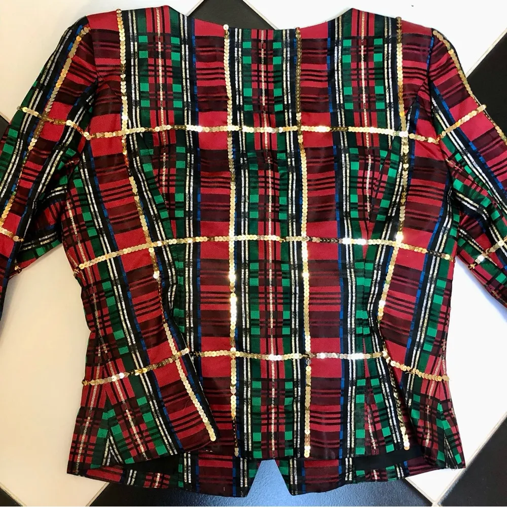 Vintage 80s 90s Rimini Tartan Blazer Plaid Sequin Red Green Gold Red Fitted sz10 Multiple Size 10 - Image 7