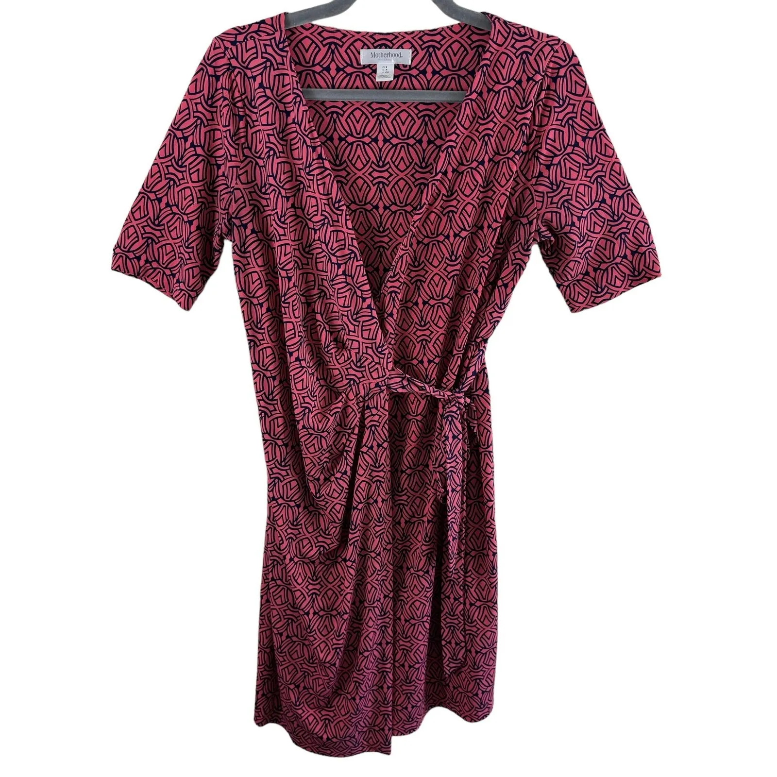 Motherhood Maternity Navy Blue Pink Short Sleeve Jersey Knit Wrap Dress Size S - Image 7