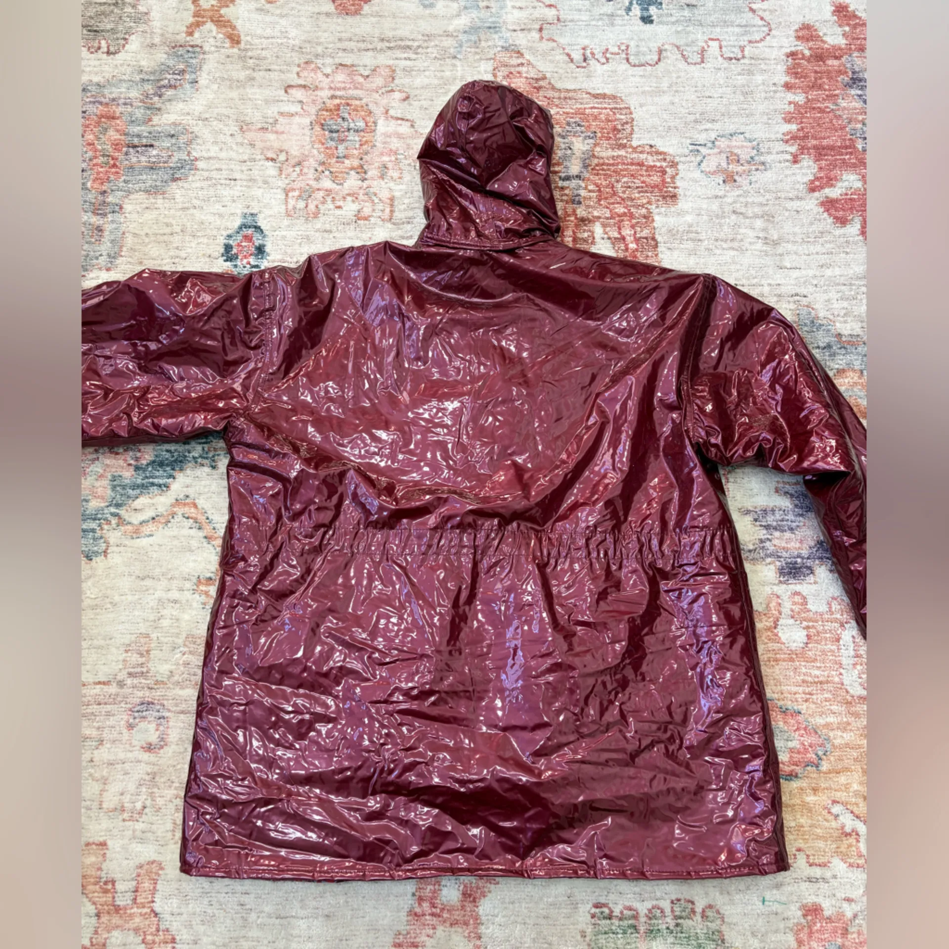 Vintage Wippette Rainthings Vinyl Hood Rain Jacket Maroon Paisley Lined Size Lg Pink - Image 7