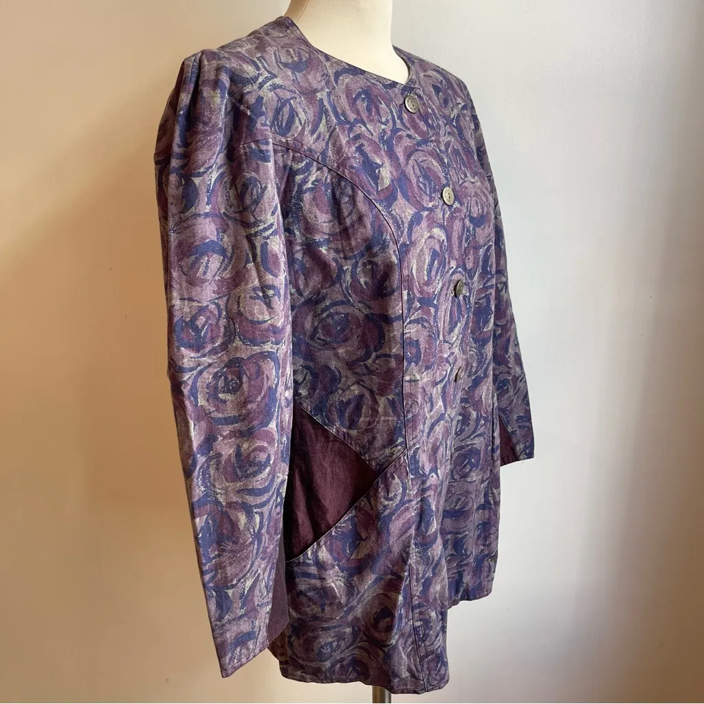 Vintage 80s Geiger Cotton Floral Jacket Blazer Purple Floral Metal Button Medium - Image 5