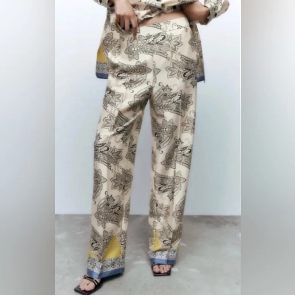 ZARA Multicolored Printed High-Waisted Wide Leg Palazzo‎ Pants Size Small NEW - Image 3