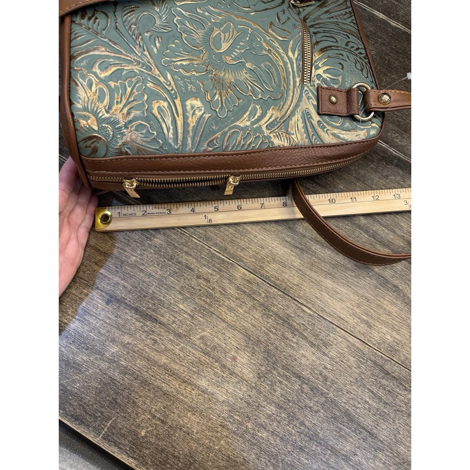 Hand TOOLED LEATHER CONVERTIBLE BACKPACK Shoulder Bag Purse Turquoiseish - Image 10