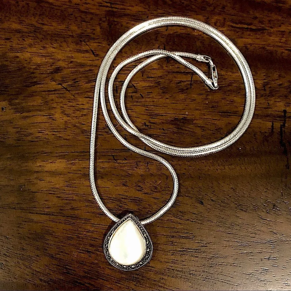 Vintage Marcasite Mother of Pearl Sterling Silver Teardrop Necklace - Image 2