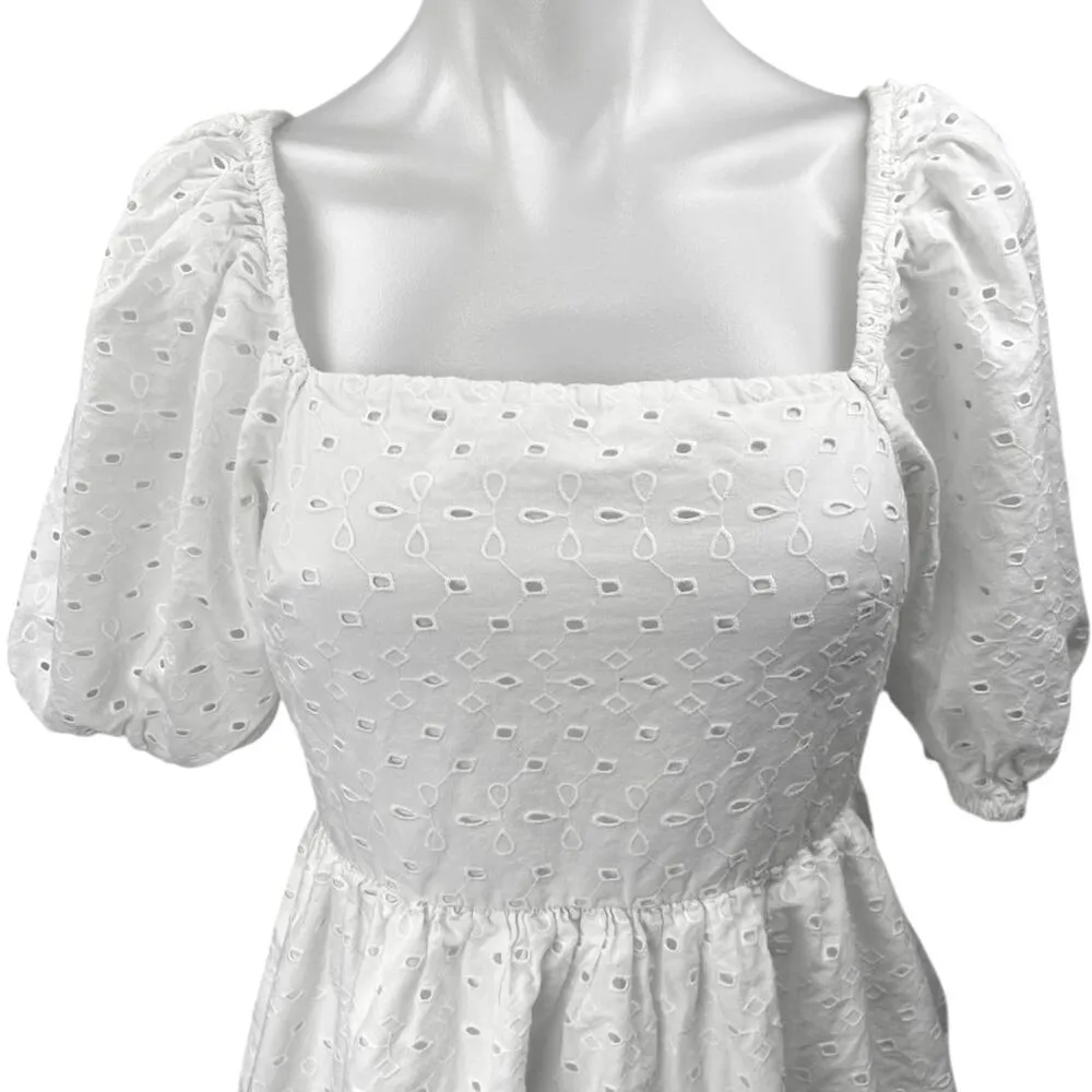 A New Day White Eyelet Short Puff Sleeve Square Neck Cutout Fit & Flare Dress S - Image 3