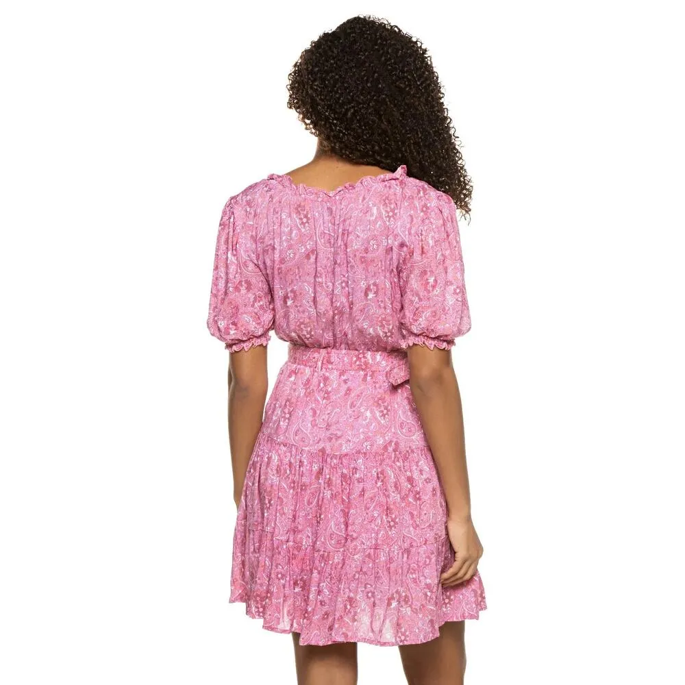 NEW Lusana Ayla Pink Paisley Puff Sleeve Belted Tiered Mini Fit & Flare Dress S - Image 2