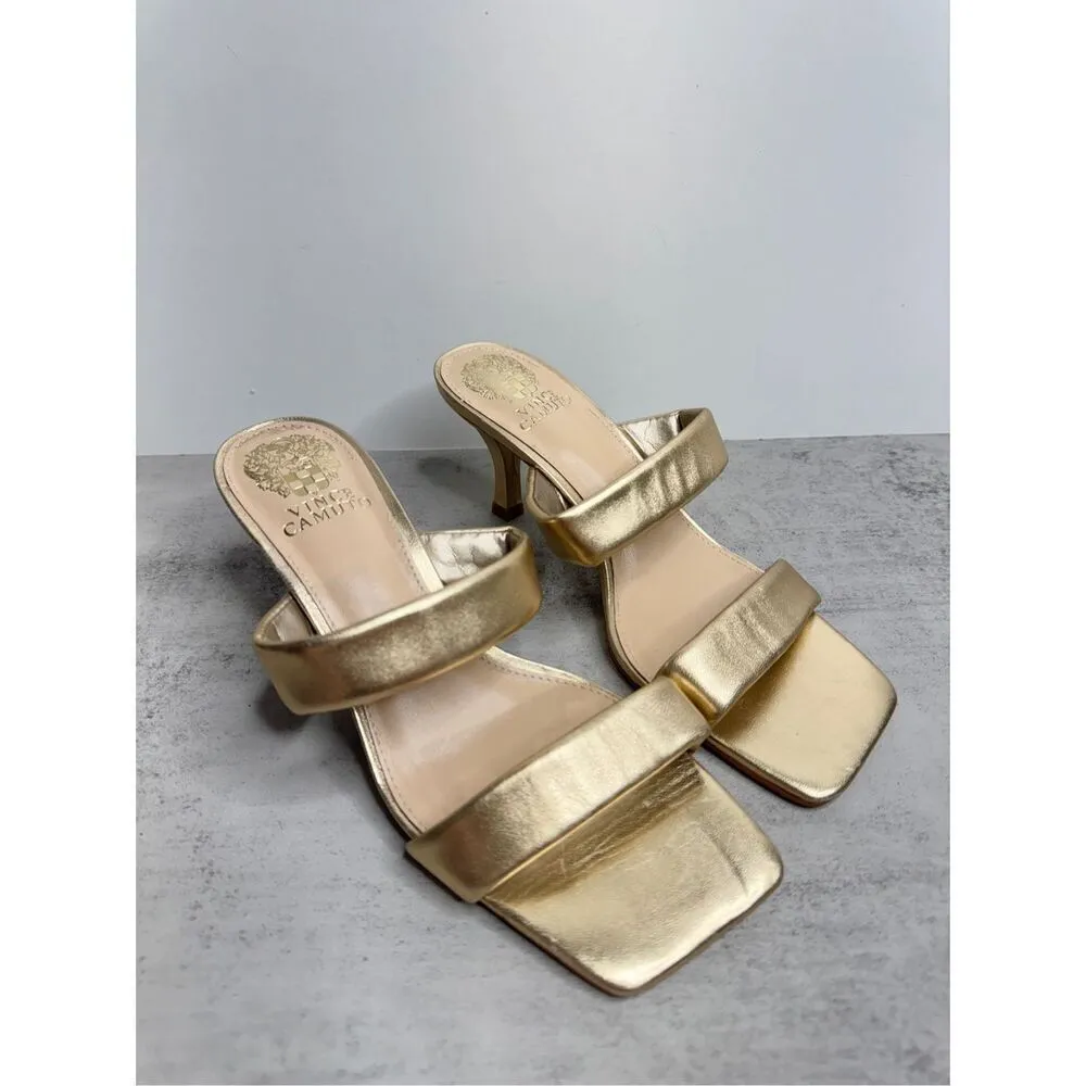 Vince Camuto Size 7.5 Gold Leather Square Toe Two Strap Slide Sandal - Image 2
