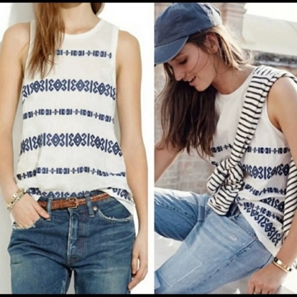 MADEWELL White Navy Geo Embroidery Tank Top EUC XS - Image 11